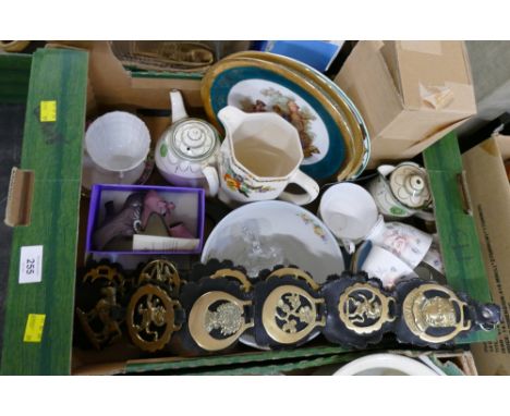 Horse brasses, decorative plates, Royal Grafton floral part tea set, shoe ornaments, Alpine F1 collectible table stand etc