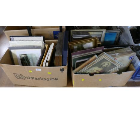 Two boxes of pictures and prints - religious pictures, rural scenes, mounted original artwork etc