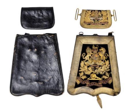 A Victorian Royal Artillery officer's dress sabretache and pouch, the flap of each with gilt lace border, gilt embroidered Ro