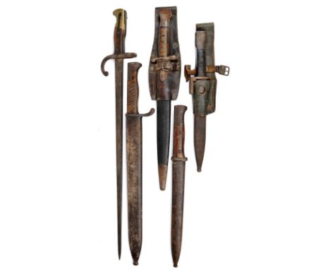 A small collection of bayonets, comprising: British 1888 pattern, Mk I 2nd type, leather scabbard and frog; German model 98/0