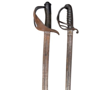 A British Artillery officer's sword, steel three bar hilt,; together with an Italian model 1860 cavalry trooper's sword, each