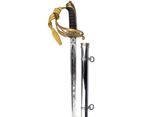 A Victorian 1892 pattern infantry officer's sword, light model blade by Pearse & Co. 33 in., etched with VR cyper and a perso