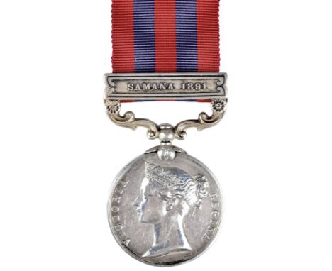 An India General Service Medal 1854-95 to Gunner R. E. Cumberledge, Number 3 Mountain Battery Royal Artillery, clasp: Samana 