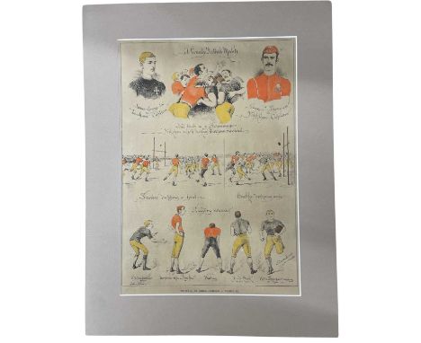 A vintage print overcoloured with watercolour, depicting 'A County Football Match - Football at Leeds - Durham v Yorkshire' 1