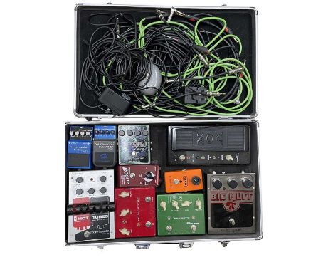 An excellent collection of electric guitar effects pedals, including VOX Big Bad Wah, Vox Time machine, Vox Satchurator, Elec