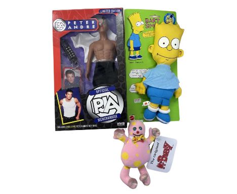 A mixed lot of 1990s throwback dolls and figures, to include: - A Boxed Peter Andre doll by Vivid - A Mattel Bart Simpson Dol