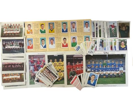 A mixed lot of various vintage football-related cigarette cards, promotional photographs, Merlin's stickers etc
