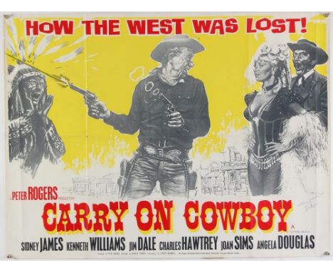 Carry on Cowboy (R-1970's) British Quad film poster, starring Sidney James, Kenneth Williams, Charles Hawtrey, signed by prod