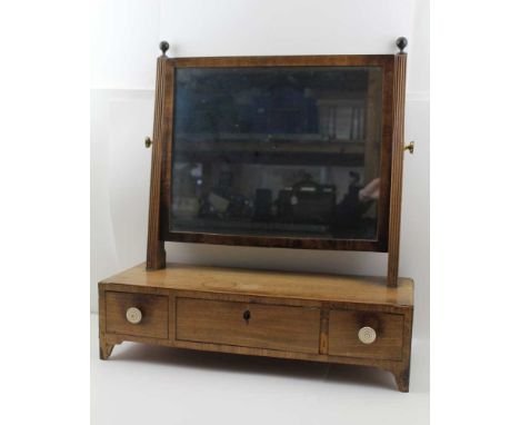 A 19TH CENTURY MAHOGANY DRESSING TABLE MIRROR, rectangular framed plate, over box base, fitted three drawers, on bracket feet