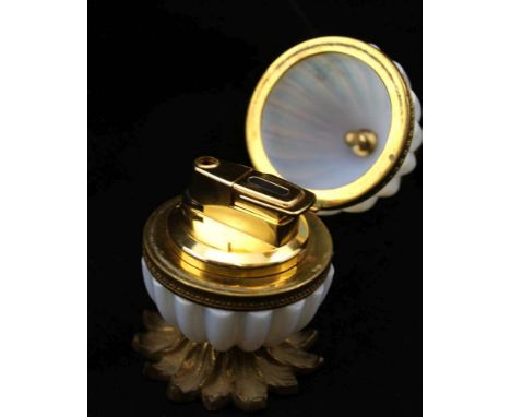 A 20TH CENTURY TABLE LIGHTER OF PINEAPPLE FORM, fluted opal glass and gilt metal, 12.5cm high 