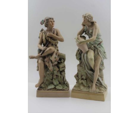 A PAIR OF "ROYAL DUX" PORCELAIN FIGURES, "A young Shepherd boy with pipe" and a "Peasant girl with amphora", both in seated p