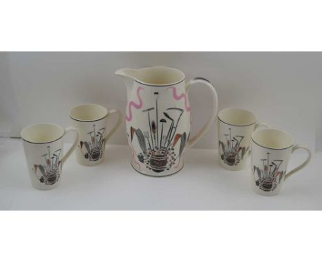 ERIC RAVILIOUS A WEDGWOOD CERAMIC LEMONADE SET, comprising; jug and four mugs, printed design of garden hand tools to the mug
