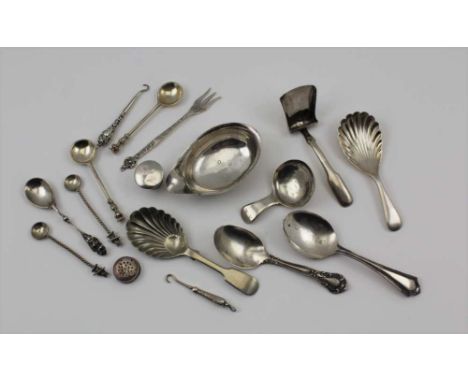 A COLLECTION OF SILVER ITEMS comprising; a George III silver caddy spoon of plain form, other caddy and condiment spoons, pic