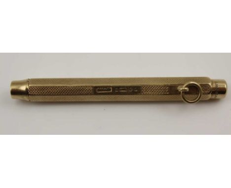 A 9CT GOLD PROPELLING PENCIL BY SAMUEL MORDANT, engine turned decoration with suspension ring, 7cm 