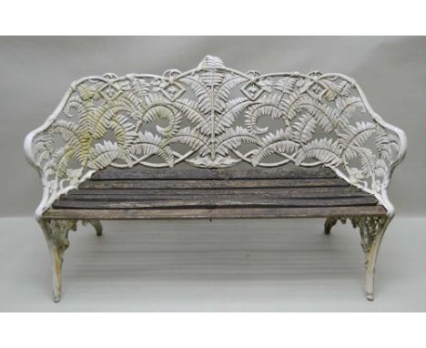 A COALBROOKDALE FERN &amp; BLACKBERRY PATTERN REPRODUCTION METAL BACK THREE-SEATER GARDEN BENCH, finished in white, having te