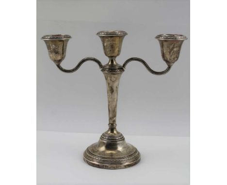 ELKINGTON &amp; CO. A TWIN BRANCH SILVER TABLE CANDELABRA of triple sconce form, on tapering plain stem and circular platform