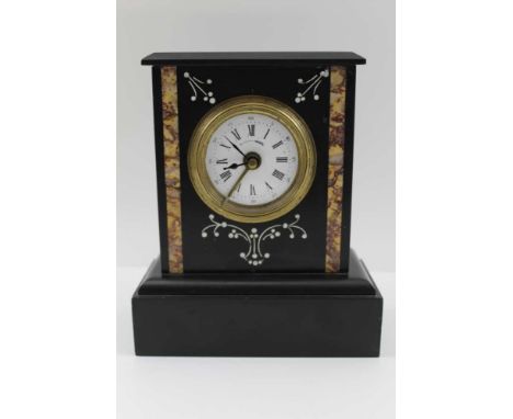 A 19TH CENTURY FRENCH SLATE CASED MANTEL CLOCK, decoratively inlaid and chased front, with white enamel dial, having Roman ho