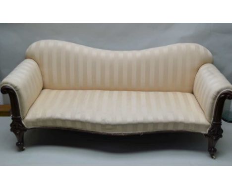 A 19TH CENTURY CARVED MAHOGANY SHOW FRAME SETTEE, having upholstered shaped back and scroll arms, over serpentine seat, on ca