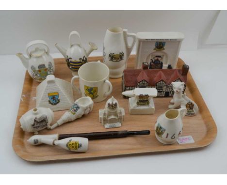 A COLLECTION OF CRESTED CERAMIC WARES, to include; a Willow art "Shakespeare's House", a pipe, a Cheshire cat etc. 