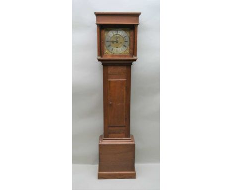 JOHN WRENCH OF CHESTER A 19TH CENTURY OAK &amp; WALNUT INLAID LONGCASE CLOCK, having twin barrel 8-day movement, with strikin