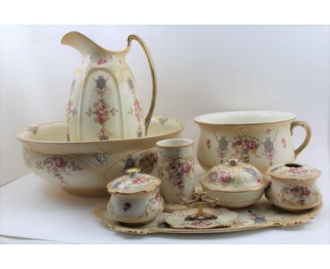 AN EXTENSIVE "CROWN DEVON" TECK POTTERY TOILET SET comprising; wash bowl, water jug, chamber pot, tray, hair tidy, ring tree,