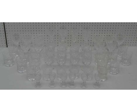 A PART SUITE OF WATERFORD CUT LEAD CRYSTAL TABLE GLASSWARE and various unmarked glasses comprising; 12 small white port / win