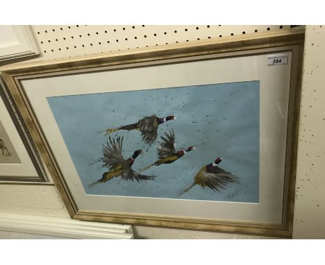JONATHAN (JOFF) POOLE (b. 1947) "Cock pheasants in flight" watercolour, signed lower right, 39 cm x 59 cm (ARR)