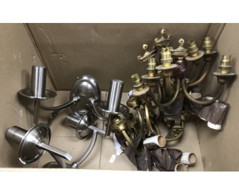 A set of six Regency style modern brass twin branch candle sconces, a pair of modern Westlite twin branch wall sconces, a mod