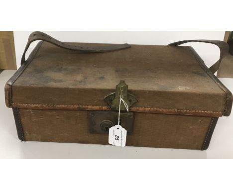 A leather trimmed canvas covered cartridge magazine with five section interior together with various accessories including Un