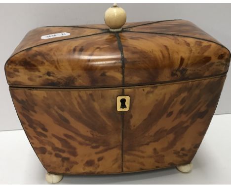 A Georgian tortoiseshell veneered two section tea caddy of shaped rectangular form, the main body with pewter stringing, the 