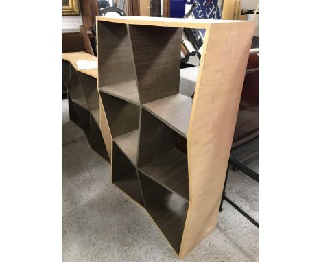 A pair of modern light oak veneered six section pigeonhole or shelf units with angular design to the front, 119 cm wide x 32 