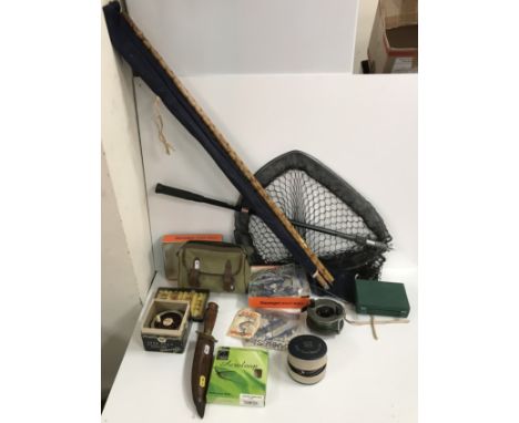 A Hardy Marquis #6 fly reel, a JW Young Windex reel, a Bronson Royalist 370 single action fly reel, Jet 8½ ft rod, vintage ba