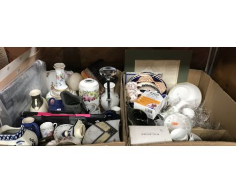 Two boxes of sundry china, glass, decorative items together with a small quantity of cigarette cards etc and a brown leather 