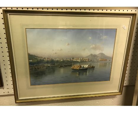 GIOVANNI BATTISTA (1858-1925) "Bay of Naples with Versuvius smoking in background", watercolour, signed lower right, 34.5 cm 