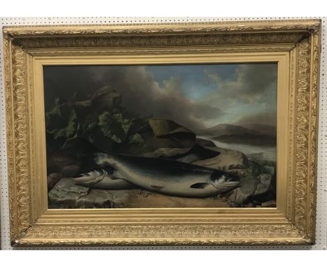 JOHN RUSSELL (1819-1893) “Salmon catch on rocks at Loch side with fishing bag in background”, oil on canvas, signed lower rig