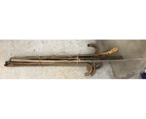 A rustic thumb stick, six crook handled walking sticks and two further rustic walking sticks and a rectangular walnut and oak