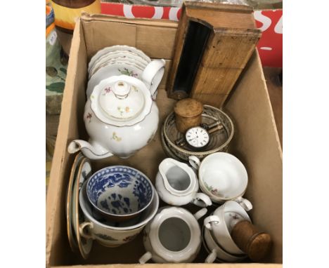 A box of assorted glassware to include comport, a Bohemian style lidded bowl, star decorated jug etc, a box containing sundry