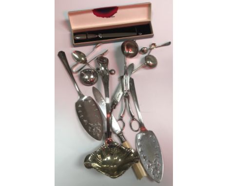 A box of assorted silver and plated wears to include a pair of Victorian silver salts and spoons, a silver handled paper knif