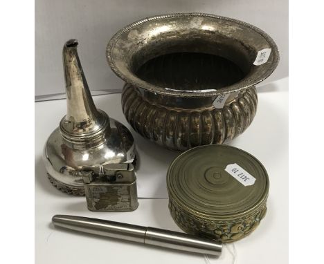 A 19th Century plated on copper vase of spittoon form with beaded rim and reeded main body, raised on a circular foot, 15 cm 