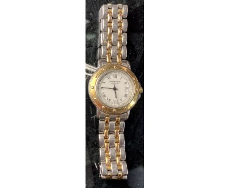 A Raymond Weil ladies bi-colour bracelet watch, the white dial with Roman numerals and date aperture with outer minute track,