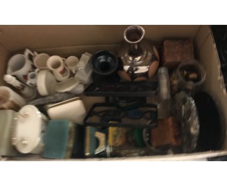 Two boxes of sundry metal and china wares to include various clocks, crested ware type china, lights, etc., together with a p