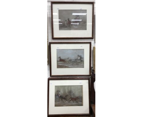 19TH CENTURY ENGLISH SCHOOL "Galloping in tandem", study of coach and horses, pastel, unsigned, 25 cm x 35.5 cm, together wit