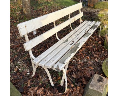 A wrought iron framed slatted wooden garden bench seat, 183.5 cm wide x 68 cm deep x 81 cm high