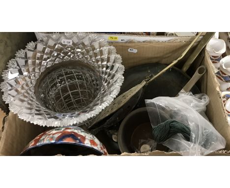 Two boxes of sundry china and glass, etc. to include a Victorian hobnail cut glass thistle shaped table centre on circular fo