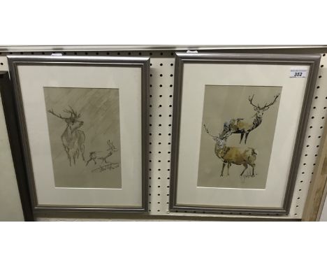 JONATHAN (JOFF) POOLE (b. 1947) "Stags" study of two stags, watercolour, signed lower right, 27.5 cm x 18 cm together with a 