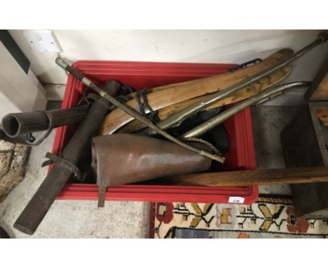 A crate of various horse hames, leather and brass, leather gaiters, leather map case (x 2), leather plaited horse whip, marti