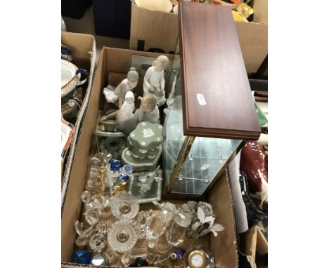 A box containing three Nao figures of children, together with a similar figurine, a collection of three lidded Wedgwood sage 