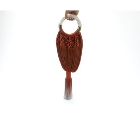 A CULT GAIA OMBRÉ BROWN AND BLUE ANGELOU BAG
Ombré brown and light blue woven bag, with round gold-tone metallic handle, with