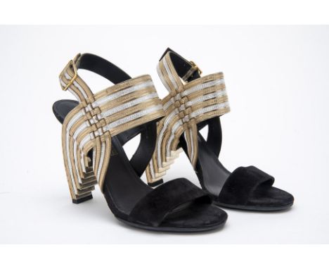 A PAIR OF SALVATORE FERRAGAMO "LENNY" HEELS EU 37.5
Black suede and metallic coloured leather high-heeled sandals, with ankle