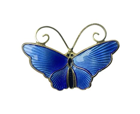 Norwegian silver blue guilloche enamel butterfly brooch, by David Andersen, stamped David Andersen Sterling Norway 925S, H2.3